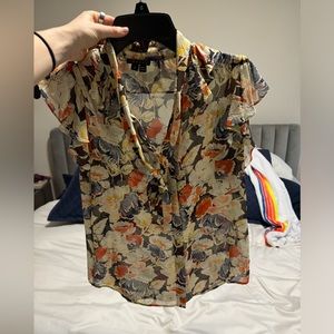 Theory Silk Tie-neck Ruffle Floral Blouse size Small